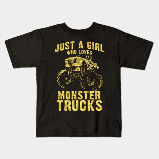 Just a GIRL who Loves MONSTER TRUCKS awesome black and yellow distressed style Kids T-Shirt by Naumovski